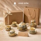  Bộ ấm chén Bát Tràng men hoàng thổ cao cấp kèm đĩa lót - Bộ ấm trà làm quà tặng sang trọng - Làng Gốm 