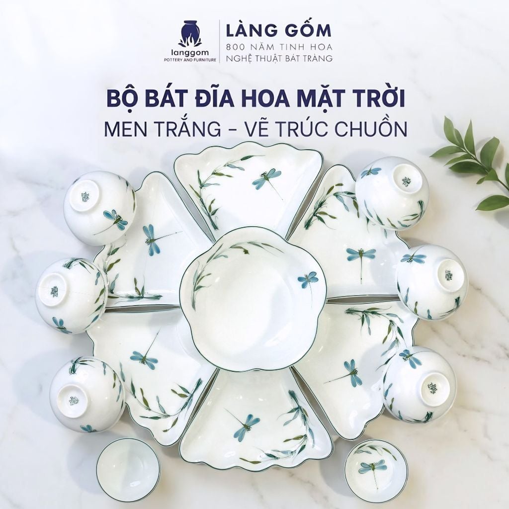  Bộ Bát Đĩa Hoa Mặt Trời 15 Món Gốm Sứ Bát Tràng Men Trắng, Men Kem Vẽ Tay Trúc Chuồn - Đồ Ăn Cao Cấp, Bàn Thờ, Quà Tặng 