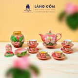  Bộ ấm chén phú quý vân đá Dệt gấm thêu hoa - vẽ nổi 3D hoa sen 