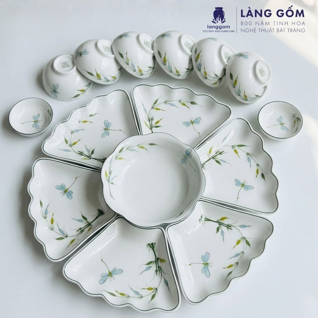  Bộ Bát Đĩa Hoa Mặt Trời 15 Món Gốm Sứ Bát Tràng Men Trắng, Men Kem Vẽ Tay Trúc Chuồn - Đồ Ăn Cao Cấp, Bàn Thờ, Quà Tặng 