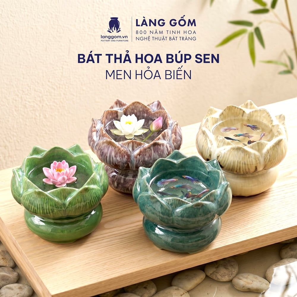  Bát Thả Hoa Men Hỏa Biến Gốm Sứ Bát Tràng Dáng Búp Sen 