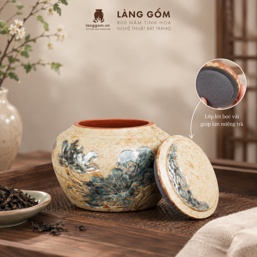  Hũ Đựng Trà Gốm Bát Tràng Thạch Hoàng Khắc Sen Thủ Công, Hũ Trà Trang Trí, Quà Tặng Cao Cấp - Gốm Bát Tràng - Làng Gốm 