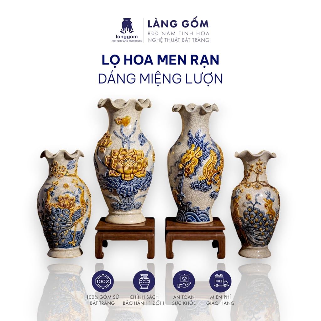  Bình Hoa, Lọ Hoa Bàn Thờ Miệng Lượn Men Rạn Đắp Nổi Họa Tiết Rồng, Chim Công Hoa Đào, Sen H24-60cm 