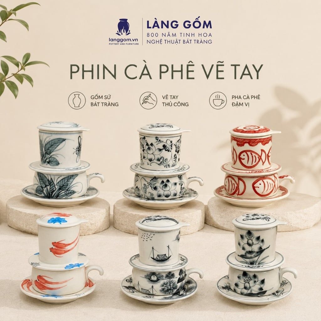  Phin Pha Cà Phê Gốm Sứ Bát Tràng Vẽ Tay Thủ Công - Họa Tiết Sen Chuồn Cá - Quà Tặng Cao Cấp 
