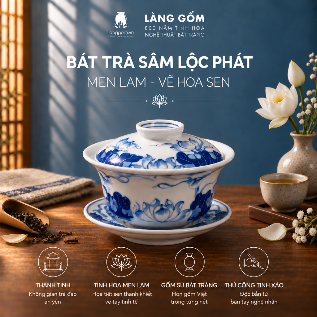  Bát Trà Sâm Lộc Phát Men Lam Vẽ Tay Hoa Sen – Gốm Sứ Bát Tràng 