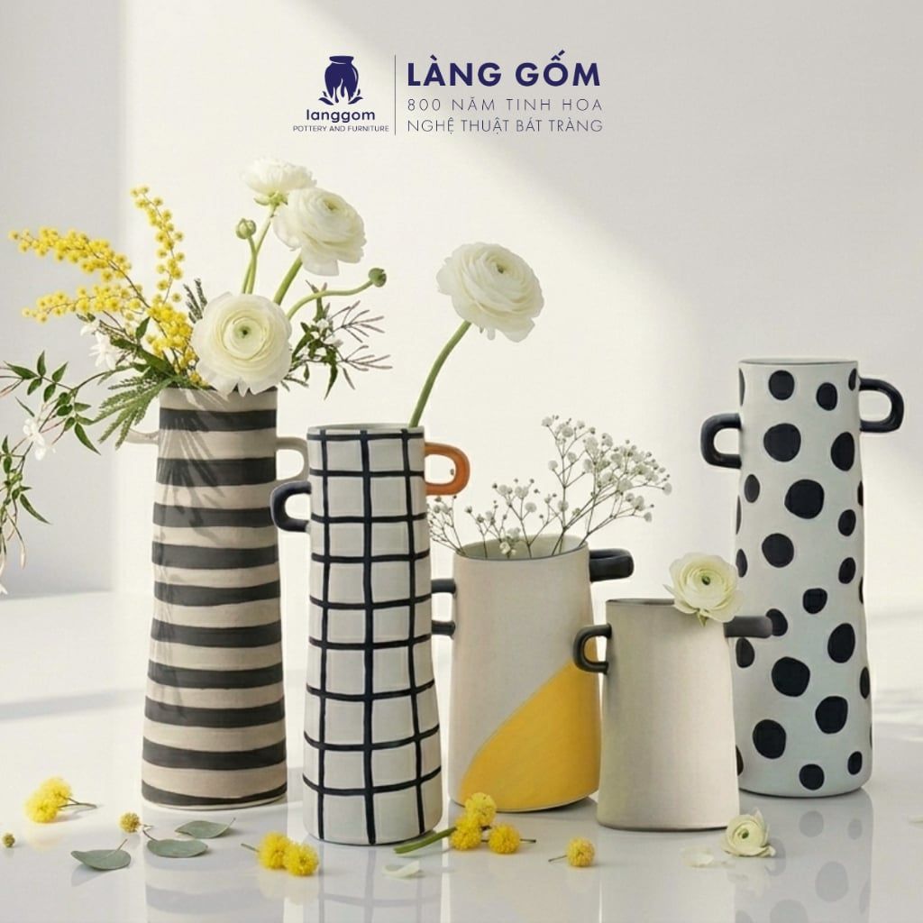  Lọ hoa gốm sứ có tai decor phong cách hiện đại, Bình hoa dáng trụ dùng trang trí, cắm hoa – Gốm sứ xuất khẩu cao cấp 