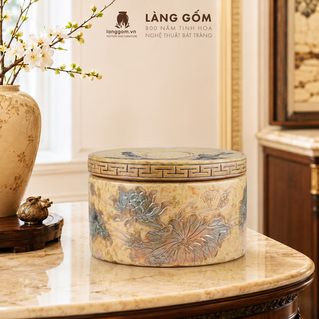  Hũ Gốm Bát Tràng Men Thạch Hoàng Họa Tiết Hạc Vân Liên Khắc Tay Thủ Công, Quà Tặng Cao Cấp - Gốm Bát Tràng - Làng Gốm 