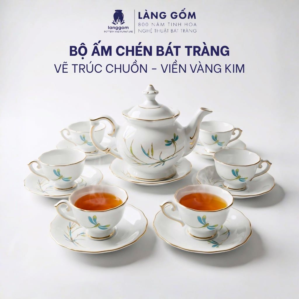  Bộ ấm chén uống trà dáng phú quý men trắng vẽ trúc chuồn viền vàng kim - Dung tích 500ml 