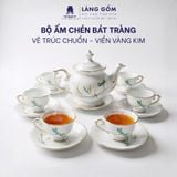  Bộ ấm chén uống trà dáng phú quý men trắng vẽ trúc chuồn viền vàng kim - Dung tích 500ml 