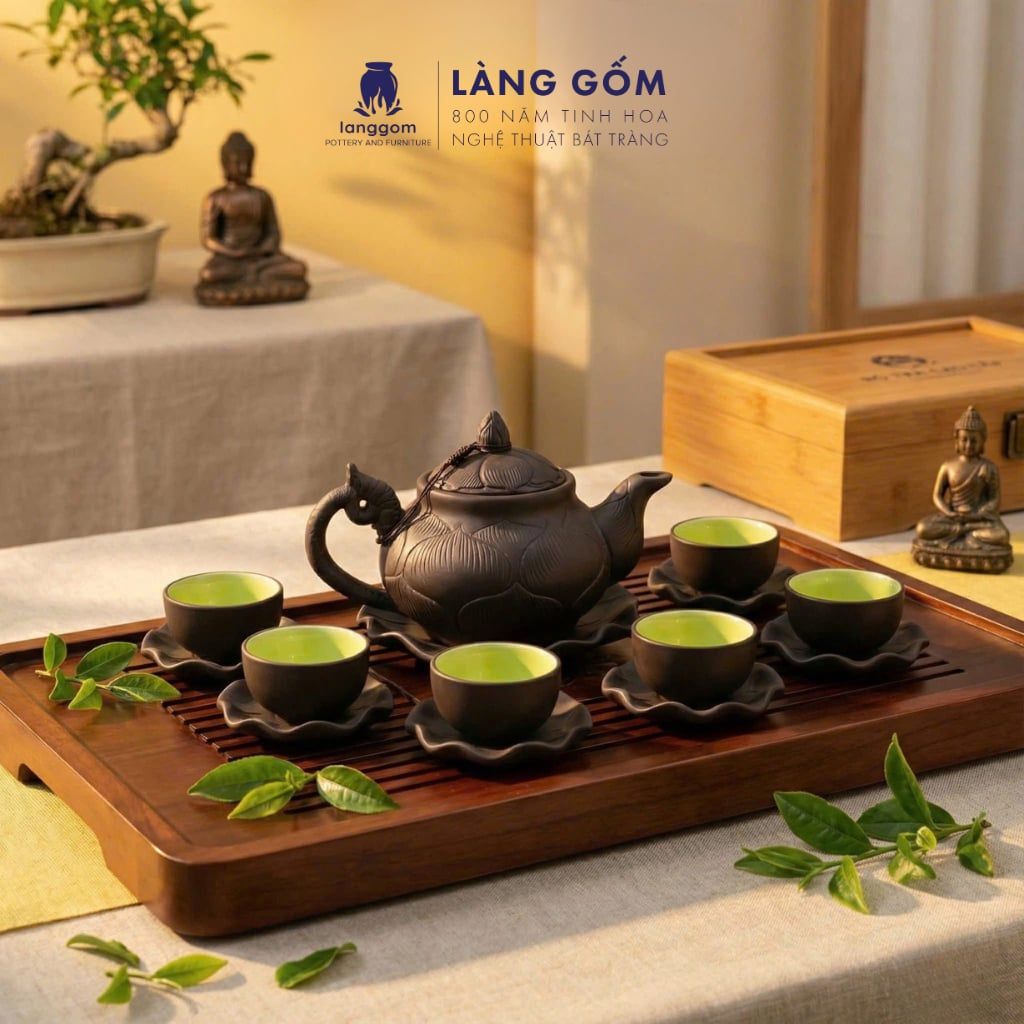  Bộ Ấm Chén Đất Nung Bát Tràng Cao Cấp Kèm Đĩa Cánh Sen Màu Đen - Bộ Ấm Trà Gốm Mộc Sang Trọng Làm Quà Tặng - Làng Gốm 