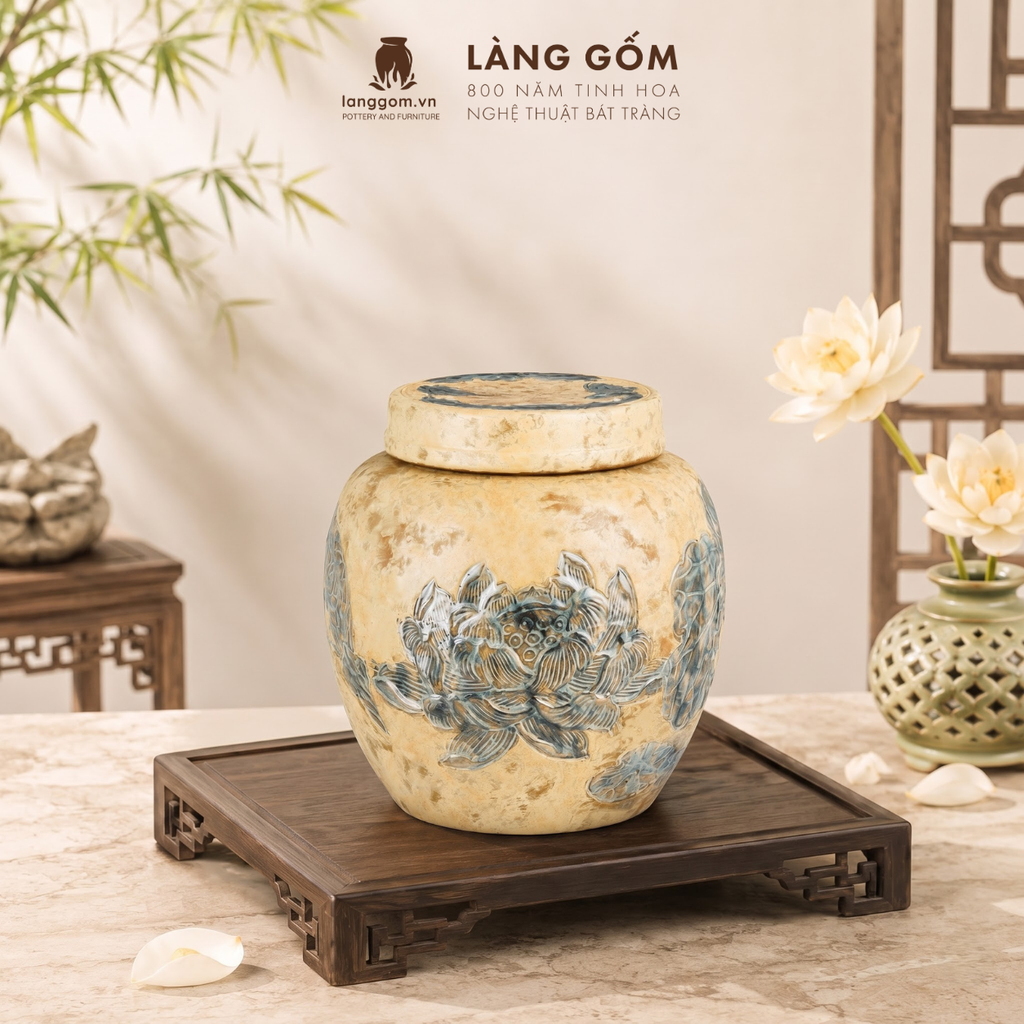  Chum Gốm Bát Tràng Thạch Hoàng Khắc Sen Thủ Công, Chum Sành Trang Trí, Quà Tặng Trang Trí Cao Cấp - Làng Gốm 