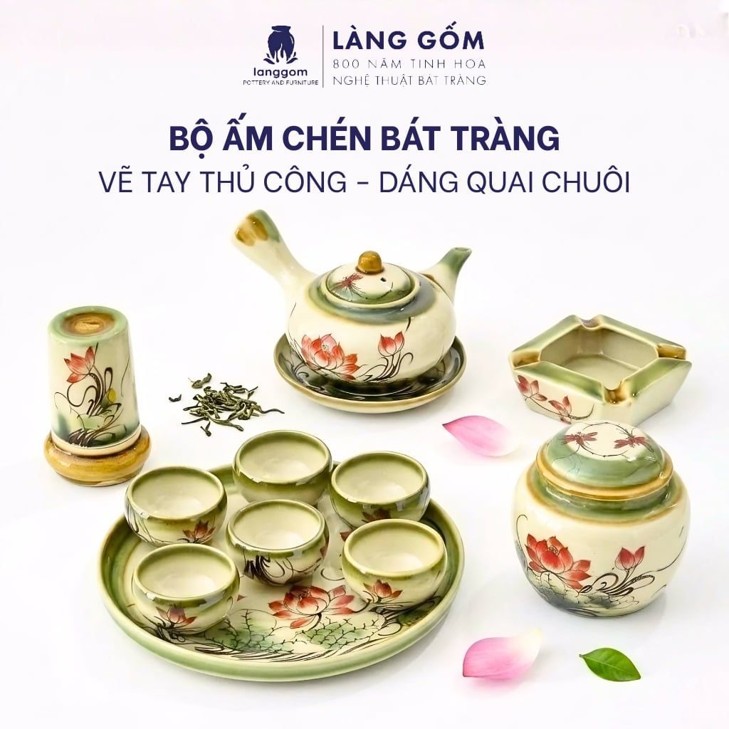  Bộ ấm chén dáng quai chuôi vẽ trúc xanh kèm khay tròn 