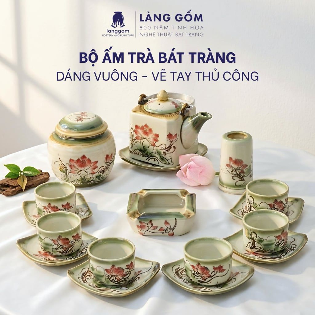  Bộ Ấm Chén Bát Tràng Dáng Vuông Vẽ Tay 340ml - 470ml 