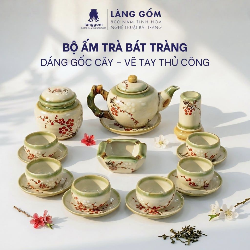  Bộ Ấm Chén Trà Gốm Sứ Bát Tràng Dáng Gốc Cây Vẽ Tay Nhiều Họa Tiết 400ml - 620ml 
