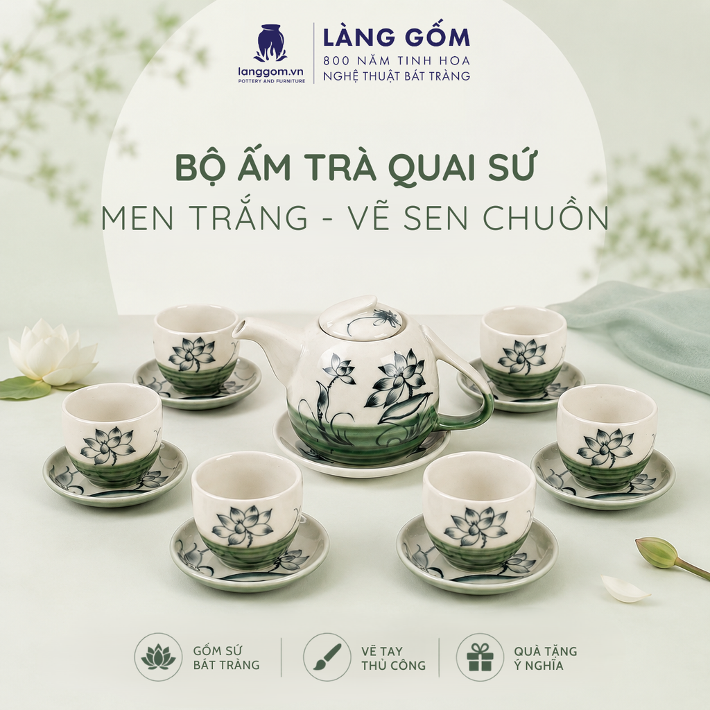  Bộ Trà Quai Sứ Ngược 800ml Họa Tiết Vẽ Tay Thủ Công Gốm Sứ Bát Tràng, Bộ Trà Quà Tặng Tiếp Khách - Làng Gốm 