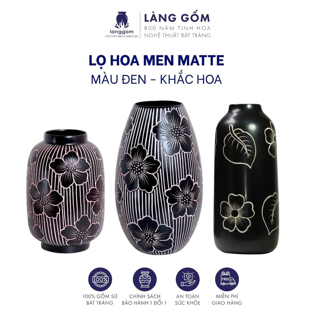  Bình cắm hoa trang trí khắc hoa lá, men mát, gốm sứ Bát Tràng cao cấp - LÀNG GỐM 