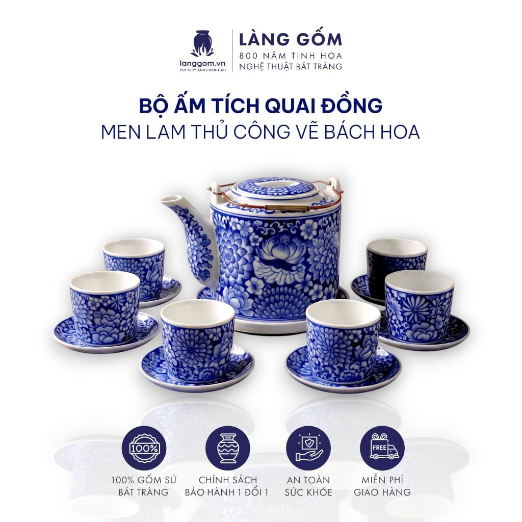  Bộ ấm tích Bát Tràng men lam bách hoa thủ công cao cấp, quà tặng bộ ấm chén sang trọng - Gốm sứ Bát Tràng - Làng Gốm 