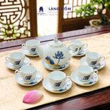  Bộ ấm chén dáng Bưởi lửa men trắng chỉ vàng vẽ sen xanh 