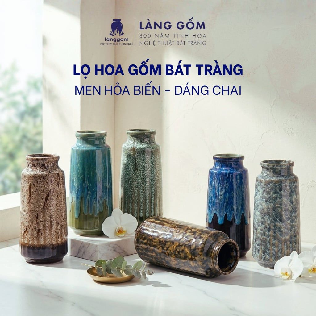  Bình hoa, lọ hoa Gốm sứ Bát Tràng cao cấp Men hỏa biến dáng chai kẻ dùng làm quà tặng, trang trí - Làng Gốm Bát Tràng 