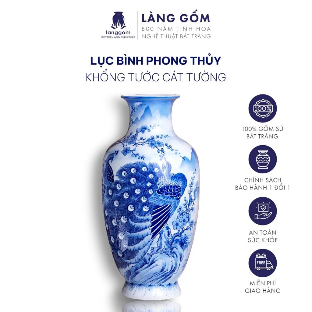  Lục bình phong thủy men lam Bát Tràng vẽ tay Khổng tước Cát Tường, Mẫu đơn Trường Xuân 