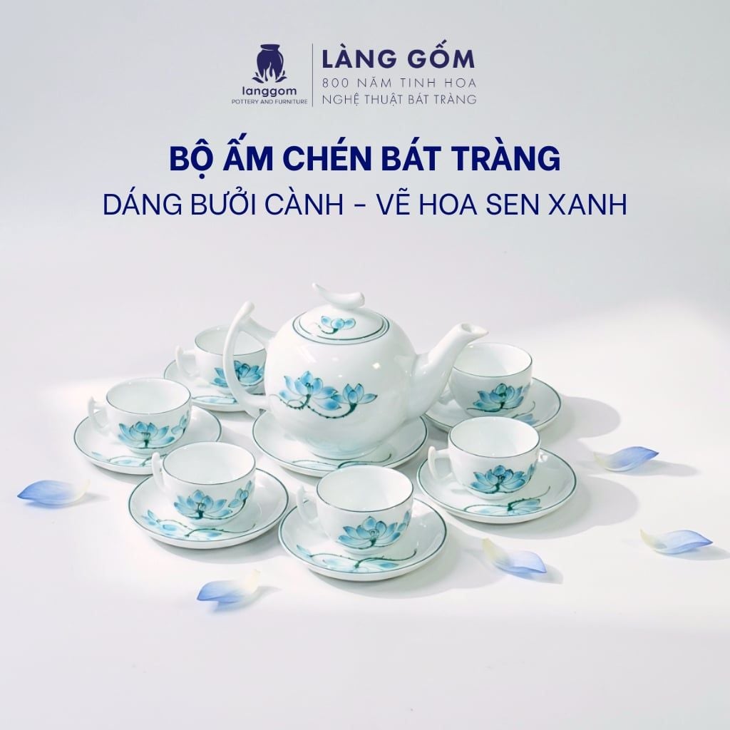  Bộ ấm chén bưởi cành men trắng vẽ hoa sen xanh 