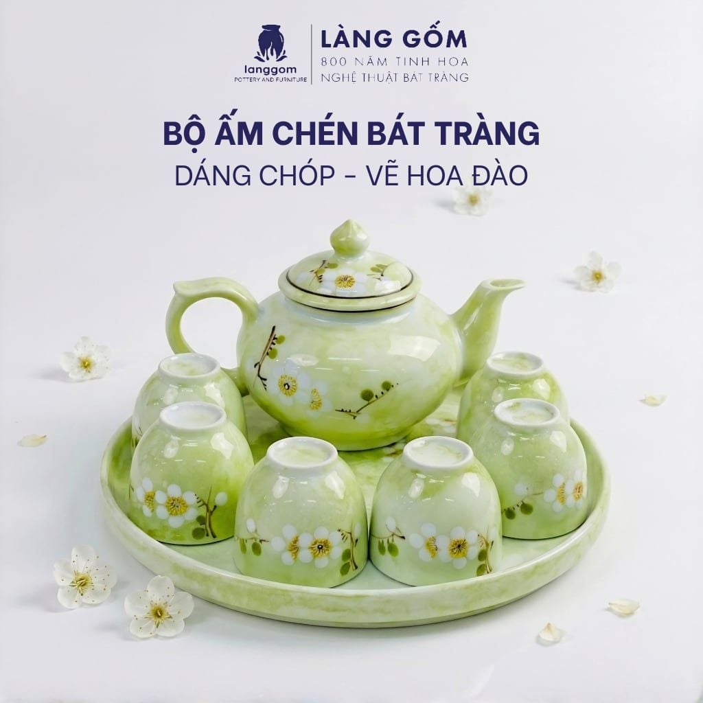  Bộ Ấm Chén Kèm Khay Tròn Bát Tràng Màu Vân Đá Vẽ Đào Trắng 350ml - Bộ Bình Trà Gốm Sứ Đẹp Làm Quà Tặng 