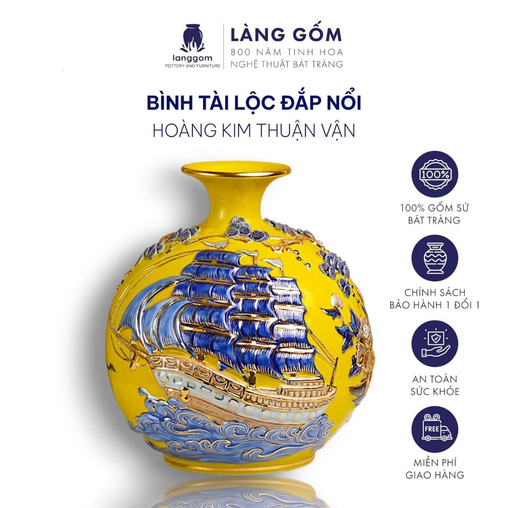  Bình tích lộc Bát Tràng vẽ chỉ vàng 18K Hoàng Kim Thuận Vận - Đắp nổi Thuận buồm xuôi gió, Kim đào trường thọ 