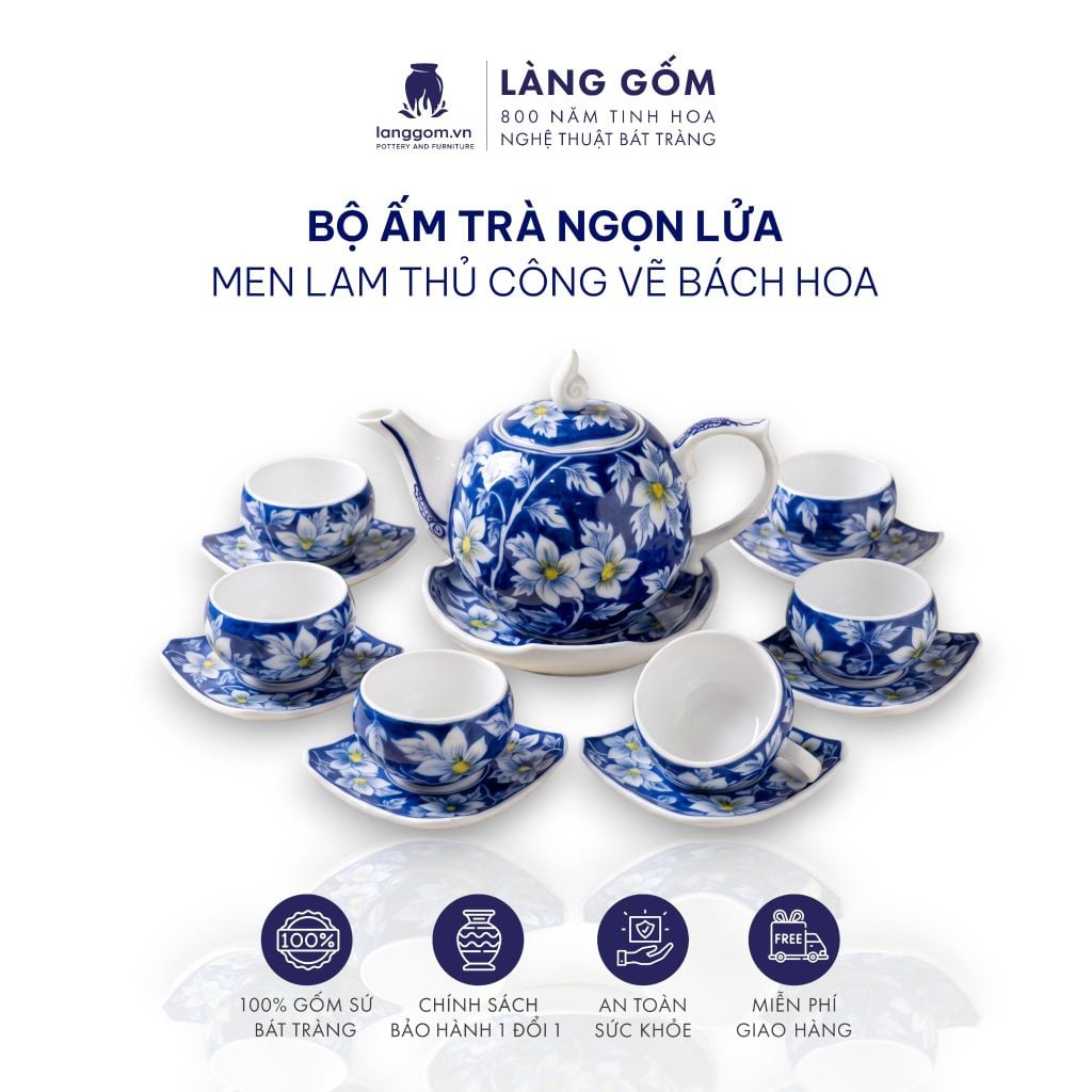  Bộ ấm chén men lam bách hoa thủ công gốm sứ Bát Tràng cao cấp - Bộ ấm trà men lam làm quà tặng sang trọng - Làng Gốm 