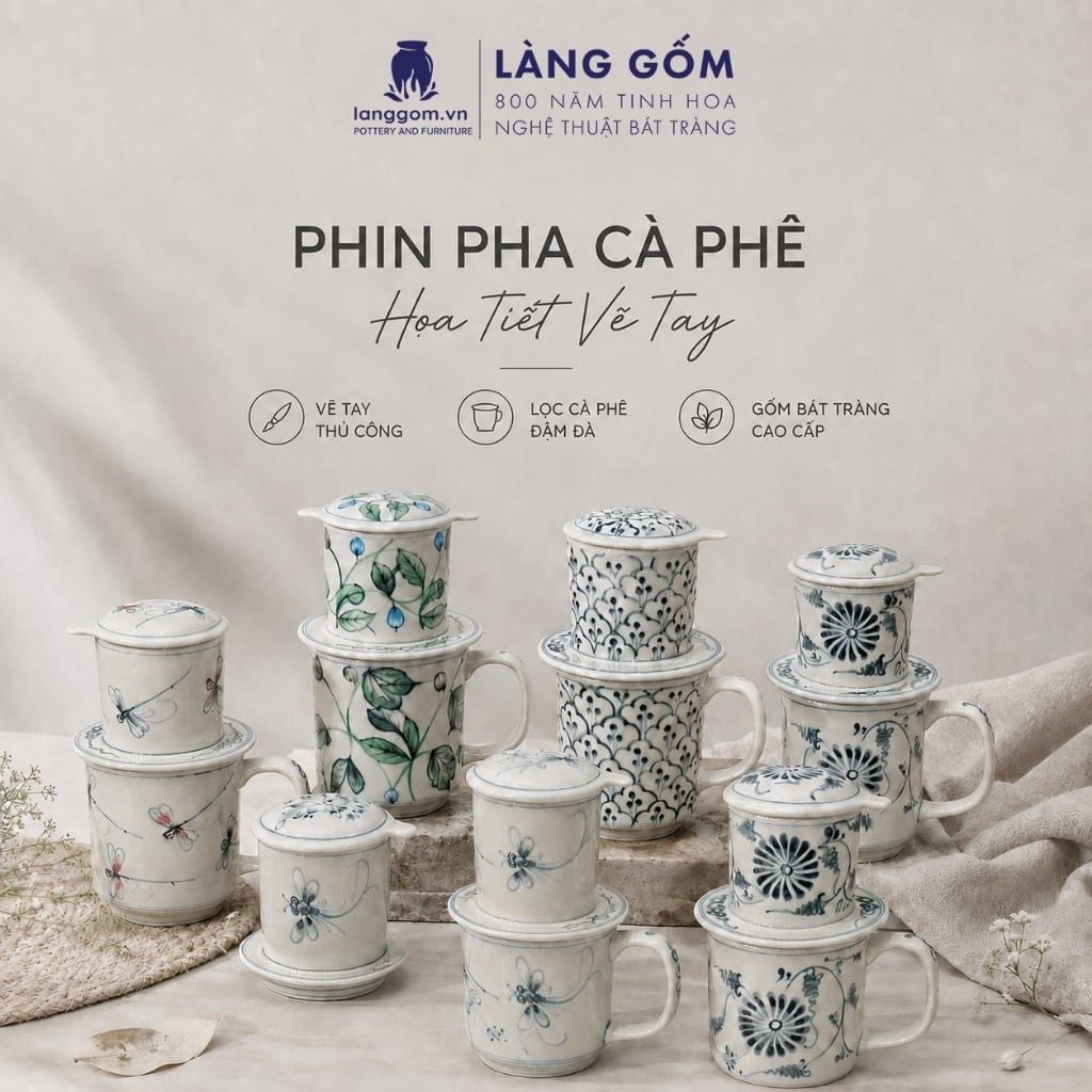 Phin Pha Cà Phê Gốm Sứ Bát Tràng Họa Tiết Vẽ Tay Thủ Công - Bộ Phin Cao Cấp Đầy Đủ - Quà Tặng Làng Gốm 