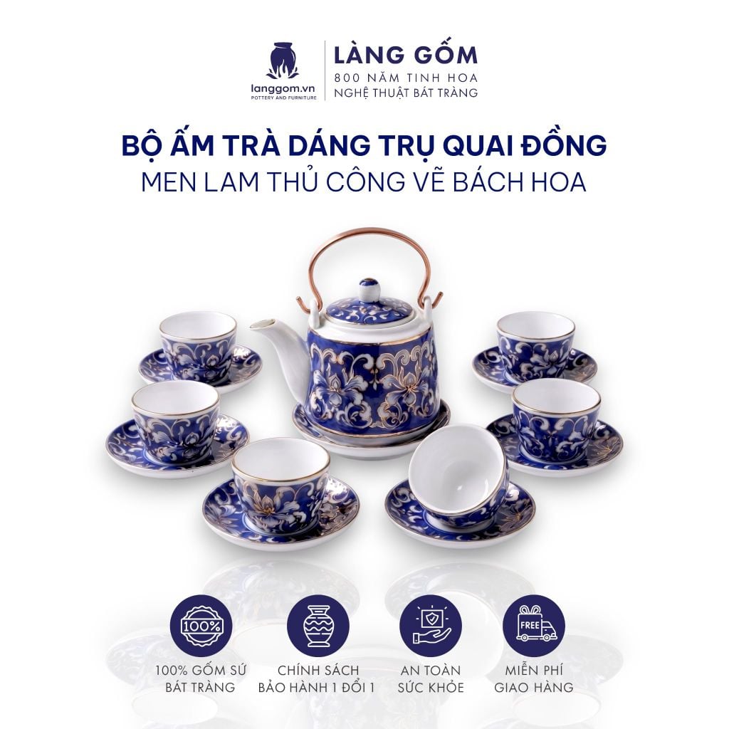  Bộ ấm chén gốm sứ Bát Tràng men lam bách hoa thủ công dáng trụ quai đồng - Quà tặng sang trọng ý nghĩa - Làng Gốm 