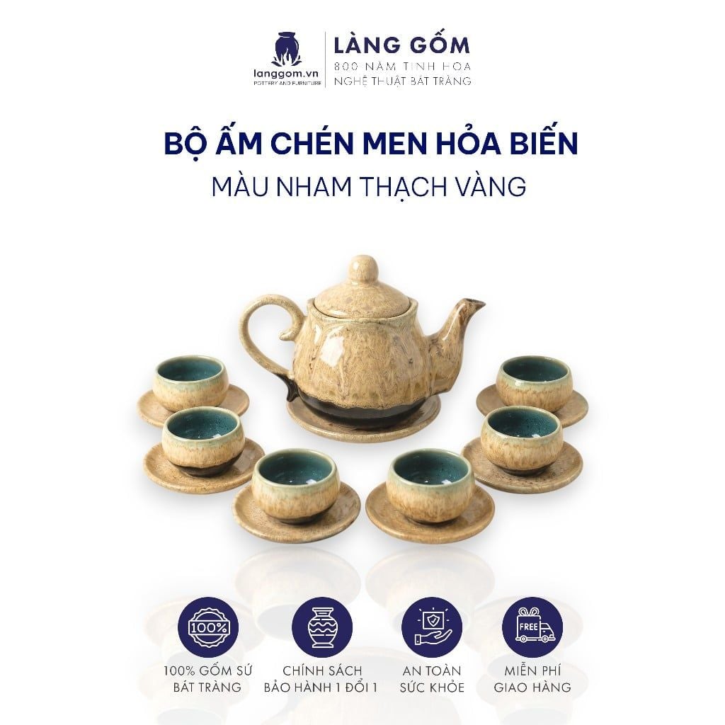  Bộ Ấm Chén Men Hỏa Biến Nham Thạch Vàng Bát Tràng Cao Cấp 