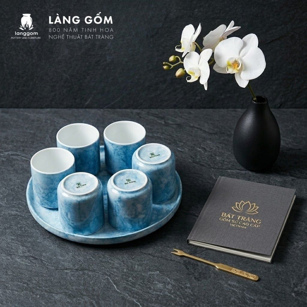  Bộ cốc gốm sứ - Ly sứ uống trà, uống nước kèm khay tròn - Bộ cốc đĩa vân đá nhiều màu cao cấp - Gốm sứ Bát Tràng 