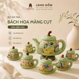  Bộ Ấm Trà Gốm Biên Hòa Men Bách Hoa Dáng Măng Cụt Khắc Nổi 
