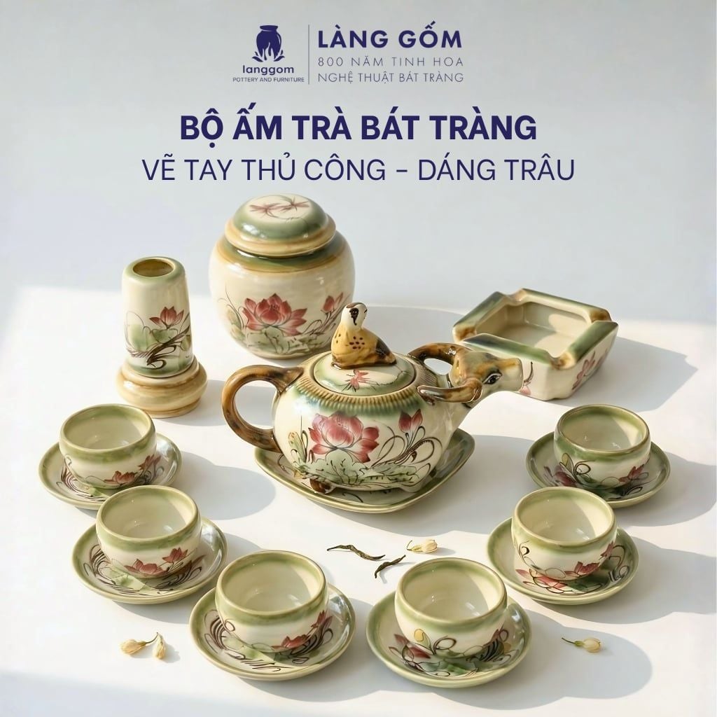  Bộ Ấm Chén Bát Tràng Dáng Trâu Vẽ Tay 350ml - 550ml 