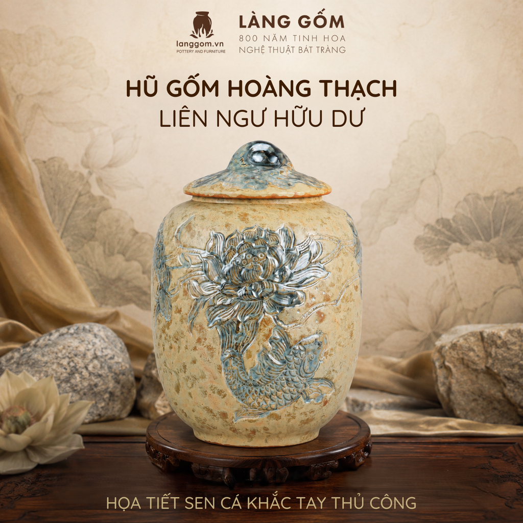  Hũ Gốm Thạch Hoàng Bát Tràng Khắc Liên Ngư Hữu Dư Thủ Công, Hũ Đựng Gạo, Đựng Trà, Quà Tặng Cao Cấp - Làng Gốm 