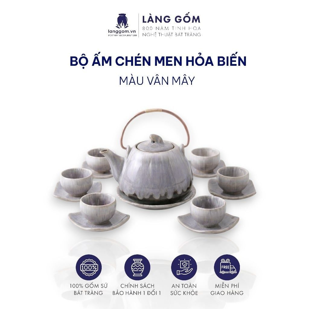  Bộ Ấm Chén Men Hỏa Biến Vân Mây Bát Tràng Cao Cấp 