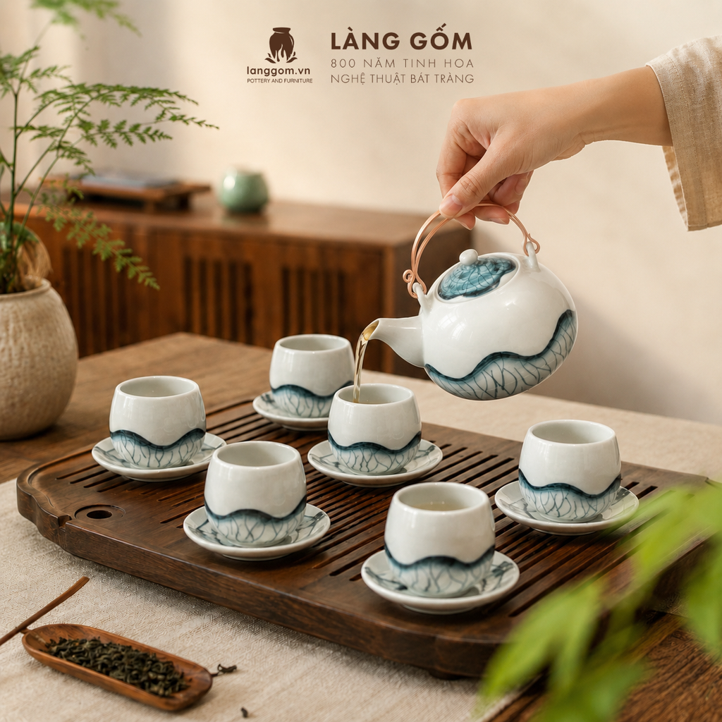  Bộ Ấm Trà Quai Đồng Gốm Sứ Bát Tràng Men Vẽ Thủ Công 450ml/900ml, Bộ Trà Uống Trà Quà Tặng Gốm Sứ Bát Tràng - Làng Gốm 