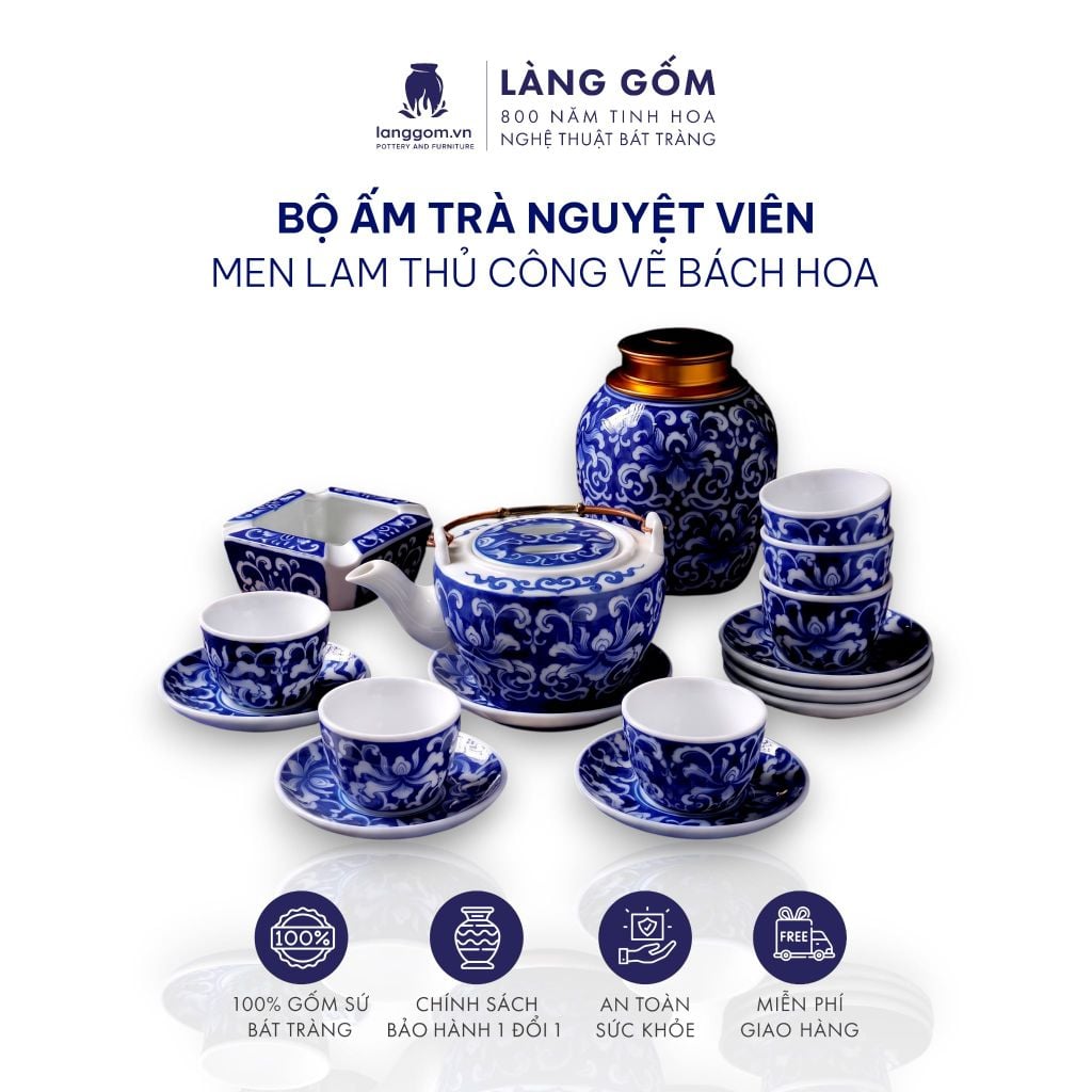  Bộ ấm chén Bát Tràng men lam bách hoa thủ công dáng Nguyệt viên - Quà tặng bộ trà cao cấp - Gốm sứ Bát Tràng - Làng Gốm 