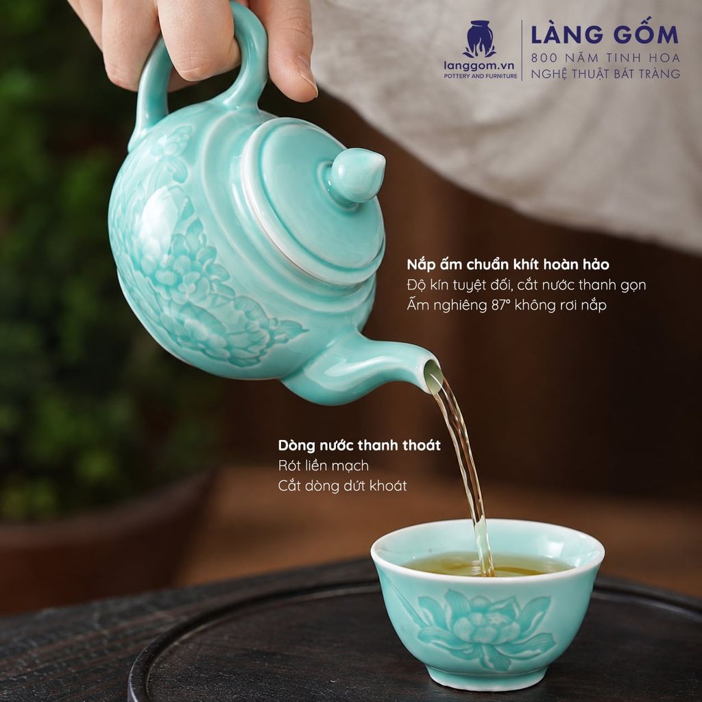  Bộ Ấm Chén Bát Tràng Băng Thanh Ngọc Liên Họa Tiết Khắc Sen Chìm Thủ Công, Uống Trà Quà Tặng Cao Cấp - Làng Gốm 