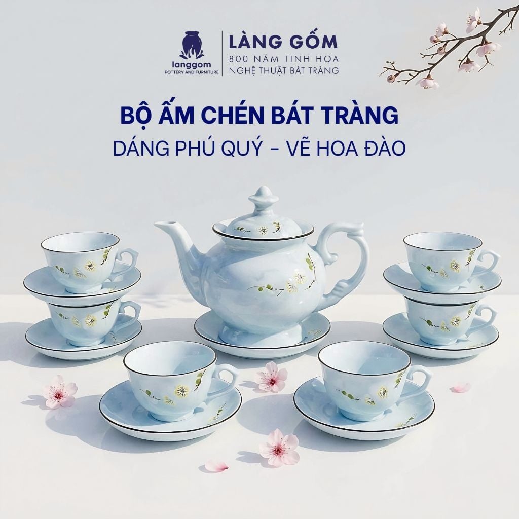  Bộ ấm chén Vinh Hoa Phú Quý màu vân đá vẽ nổi hoa đào trắng 