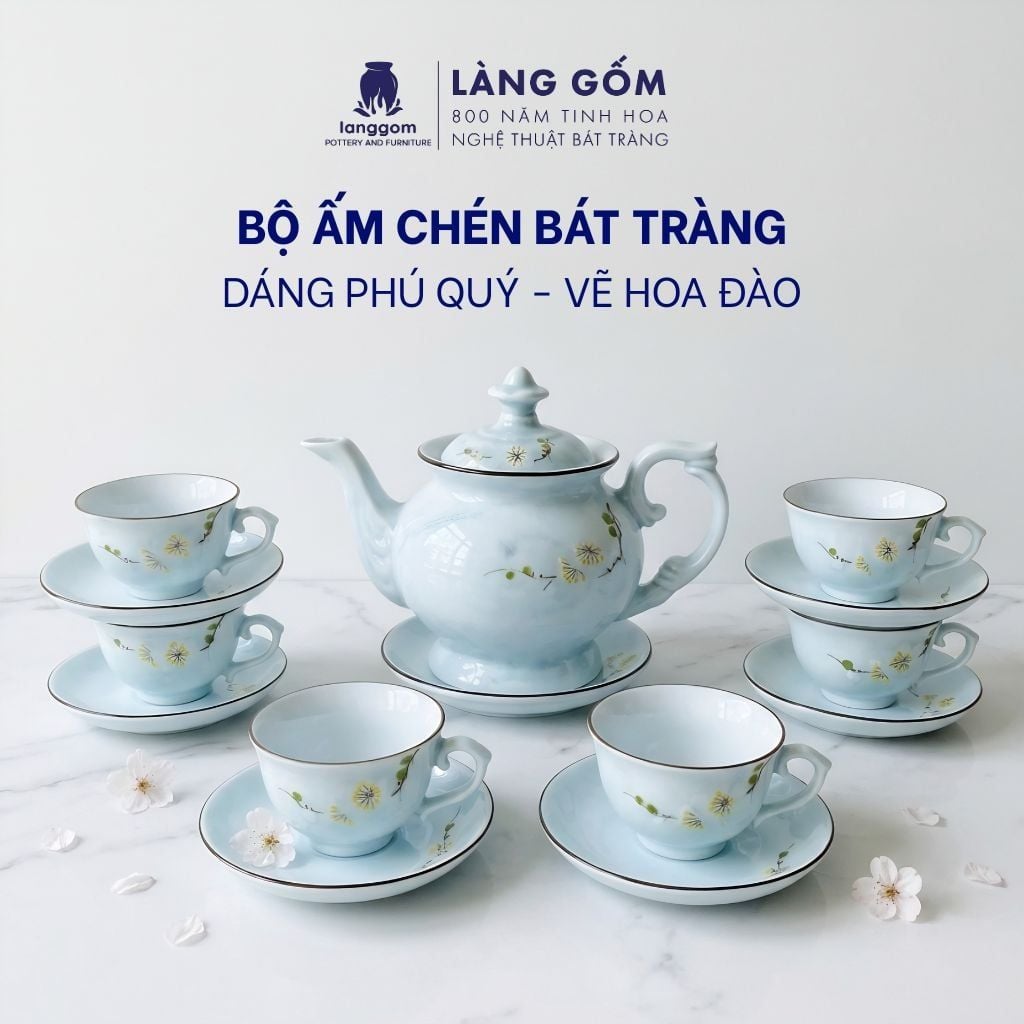  Bộ ấm chén Vinh Hoa Phú Quý màu vân đá vẽ nổi hoa đào trắng 