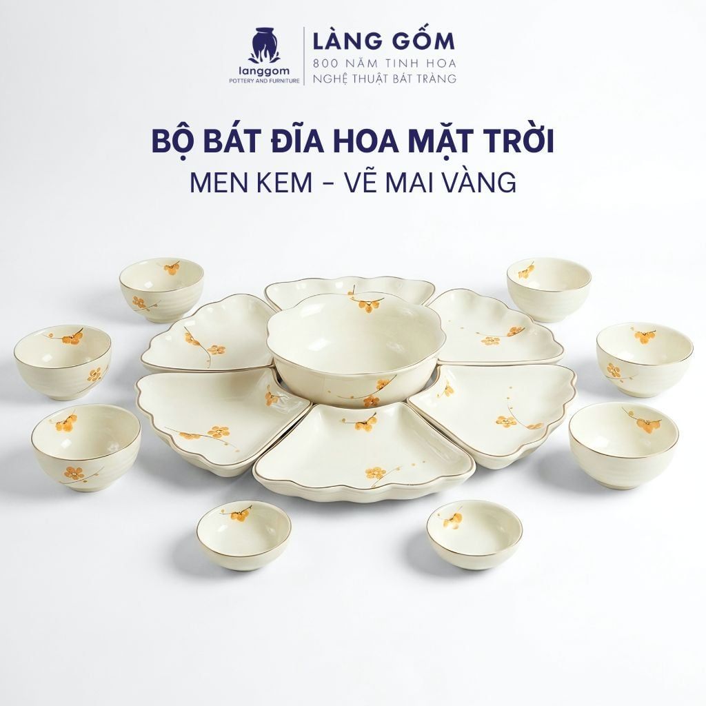  Bộ bát đĩa hoa mặt trời men kem vẽ mai vàng, gốm sứ Bát Tràng cao cấp 