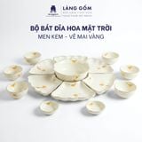  Bộ bát đĩa hoa mặt trời men kem vẽ mai vàng, gốm sứ Bát Tràng cao cấp 