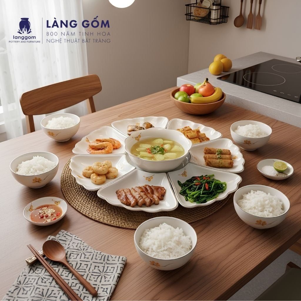  Bộ bát đĩa hoa mặt trời men kem vẽ mai vàng, gốm sứ Bát Tràng cao cấp 