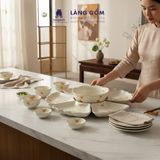  Bộ bát đĩa hoa mặt trời men kem vẽ mai vàng, gốm sứ Bát Tràng cao cấp 
