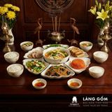  Bộ bát đĩa hoa mặt trời men kem vẽ mai vàng, gốm sứ Bát Tràng cao cấp 