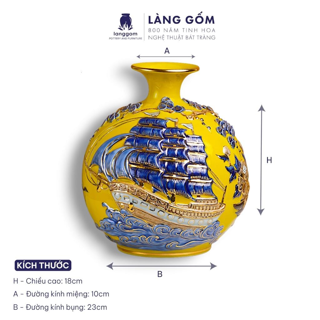  Bình tích lộc Bát Tràng vẽ chỉ vàng 18K Hoàng Kim Thuận Vận - Đắp nổi Thuận buồm xuôi gió, Kim đào trường thọ 