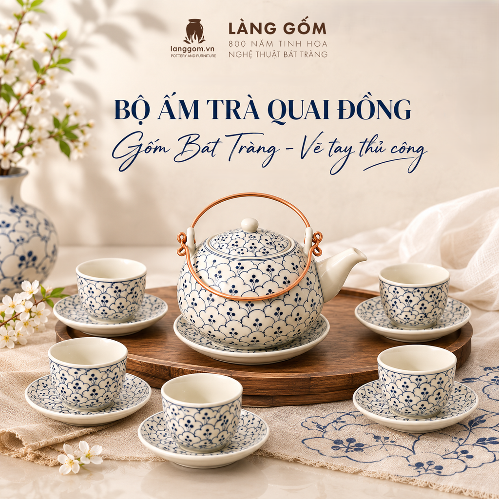  Bộ Ấm Trà Quai Đồng Gốm Sứ Bát Tràng Men Vẽ Thủ Công 450ml/900ml, Bộ Trà Uống Trà Quà Tặng Gốm Sứ Bát Tràng - Làng Gốm 