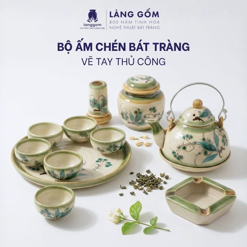  Bộ Ấm Chén Bát Tràng Vẽ Tay Kiểu Giỏ Cua Vẽ Tre Xanh Kèm Khay Tròn 350ml 