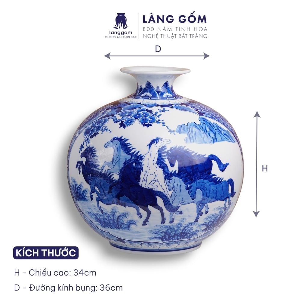  Bình tích lộc phong thủy Bát Tràng men lam cổ hoạ tiết Mã đáo thành công, Thuận buồm xuôi gió 